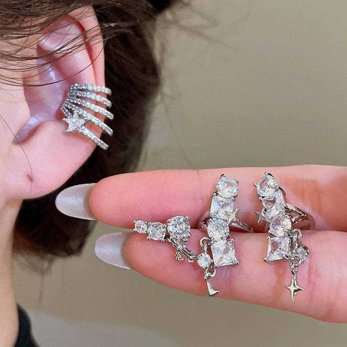 Light Luxury Copper Star Zircon Geometric Clip-on Earrings, No Piercing Ear Cuff