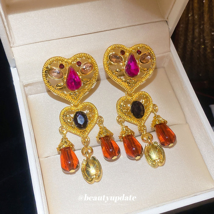 Vintage Heart Rhinestone Tassel Drop Earrings With Silver Pins Alloy Court Style