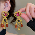 Vintage Heart Rhinestone Tassel Drop Earrings With Silver Pins Alloy Court Style view 2