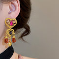 Vintage Heart Rhinestone Tassel Drop Earrings With Silver Pins Alloy Court Style view 4