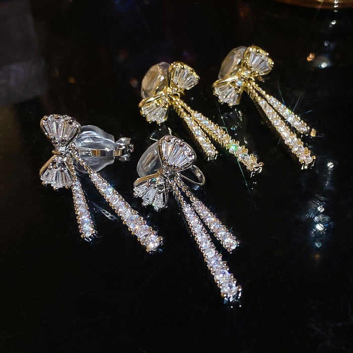 14K Gold Plated Copper Zircon Bow Clip-on Earrings Elegant Light Luxury Non-Pierced Jewelry