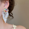 Island Resort Style Artificial Crystal Flower Leaf Tassel Drop Earrings With Silver Pins view 3
