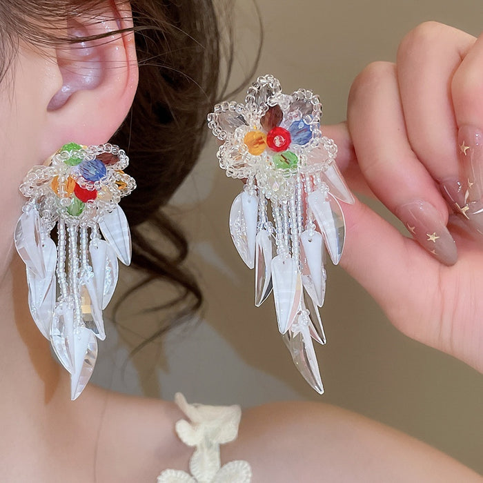 Island Resort Style Artificial Crystal Flower Leaf Tassel Drop Earrings With Silver Pins
