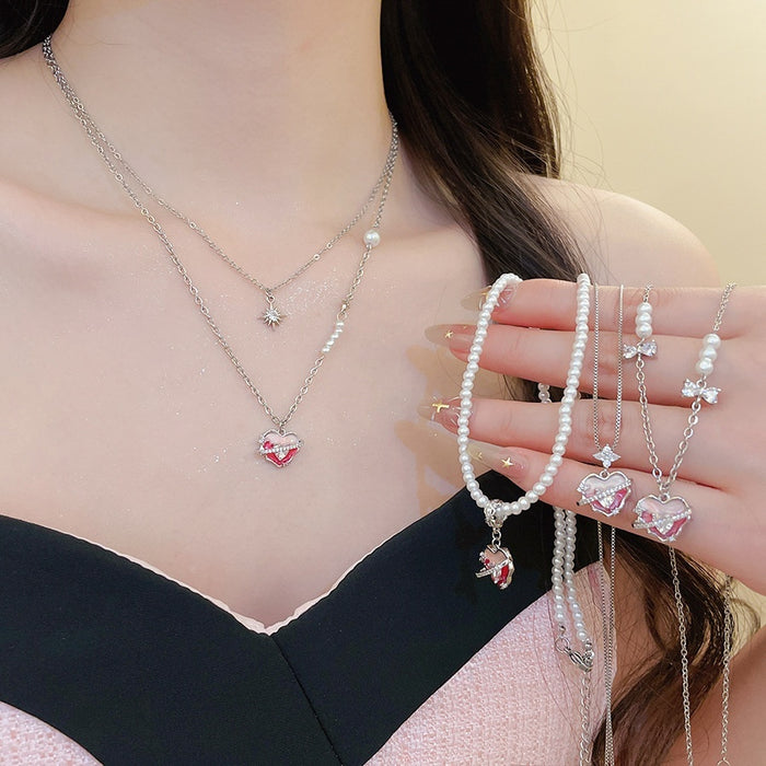 Korean Light Luxury Zircon Heart Simulated Pearl Choker Necklace for Women