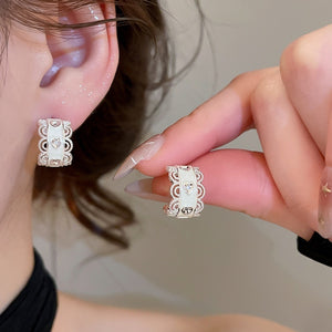 Elegant Heart Stud Earrings With Faux Pearl Zircon Lace And Enamel Detail