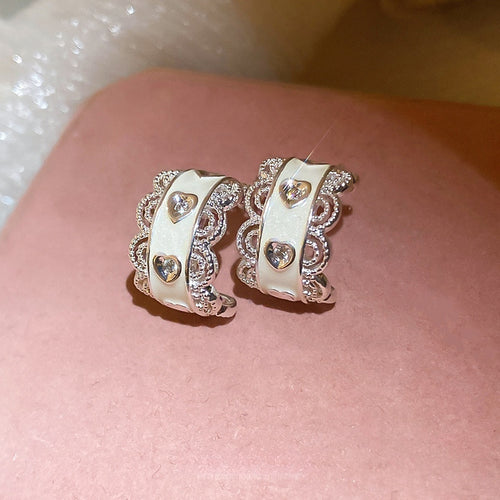Elegant Heart Stud Earrings With Faux Pearl Zircon Lace And Enamel Detail