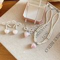 Pink Zircon Strawberry Faux Pearl Earrings Necklace Jewelry Set For Women, Old Money Light Luxury Style view 2