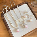Pink Zircon Strawberry Faux Pearl Earrings Necklace Jewelry Set For Women, Old Money Light Luxury Style view 4
