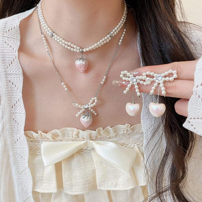 Pink Zircon Strawberry Faux Pearl Earrings Necklace Jewelry Set For Women, Old Money Light Luxury Style