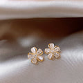 18K Gold Plated Cat Eye Stone Zircon Flower Stud Earrings Sweet Light Luxury Jewelry view 3
