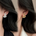 Korean Minimalist Irregular Geometric Faux Pearl Stud Earrings With Rhinestone Twisted Hollow Design view 2