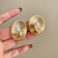 18K Gold Plated Oval Textured Faux Pearl Stud Earrings, European Style Light Luxury Jewelry view 1