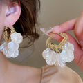 Elegant Faux Pearl Hoop Earrings With Diamond Flower Petal Tassel Design For Women view 1