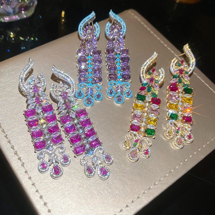 Vintage Court Style Copper Zircon Square Waterdrop Tassel Drop Earrings