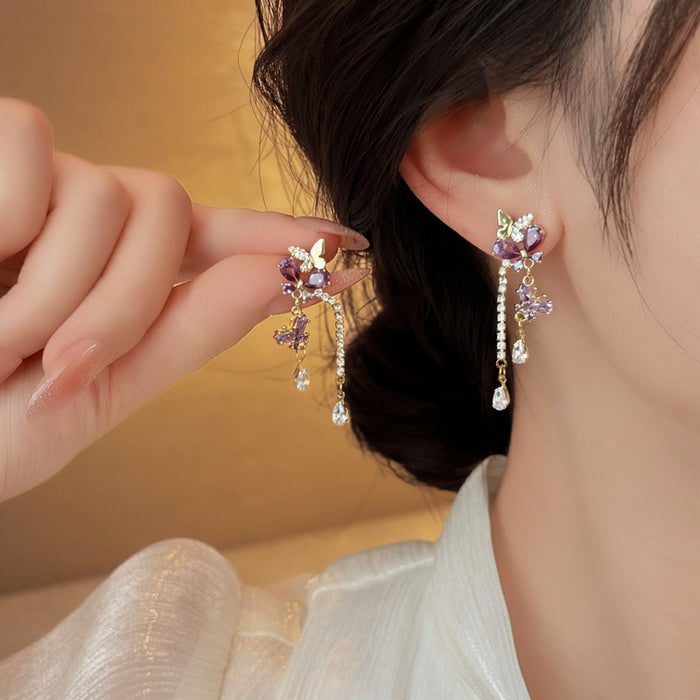 Elegant Palace Style Alloy Butterfly Rhinestone Tassel Drop Earrings With Silver Posts