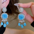 Court Style Copper Blue Zircon Waterdrop Flower Stud Earrings For Women Luxury Statement Jewelry view 4