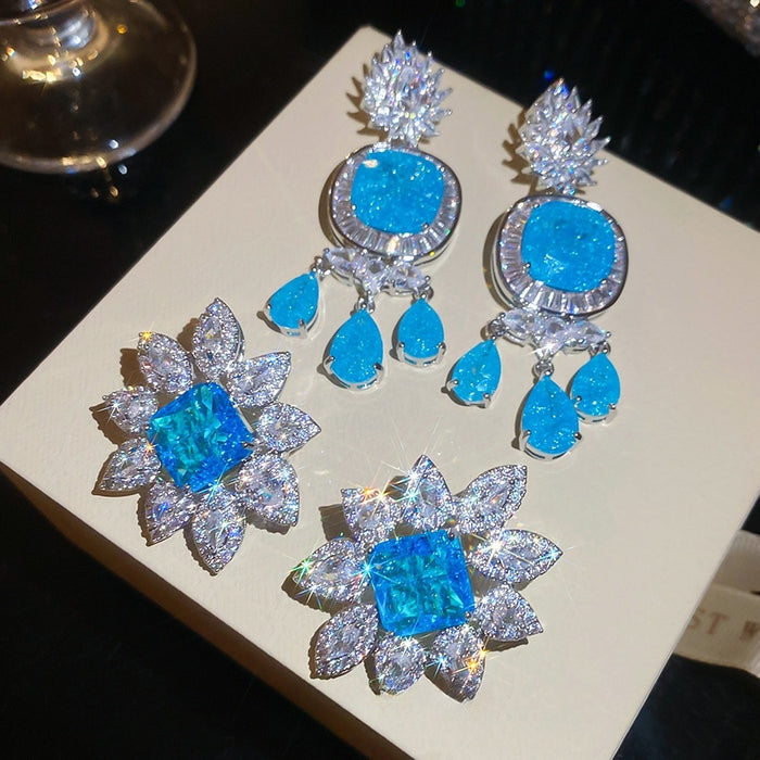 Court Style Copper Blue Zircon Waterdrop Flower Stud Earrings For Women Luxury Statement Jewelry