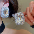 Geometric Square Rhinestone Copper Stud Earrings For Women, Statement Light Luxury Fashion Jewelry view 3