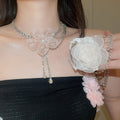Light Luxury Copper Necklace With Rhinestone Chiffon Flower Waterdrop Tassel Choker view 1