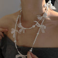 French Lace Bow Faux Pearl Sweater Necklace Elegant Pastoral Collarbone Chain view 3
