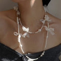 French Lace Bow Faux Pearl Sweater Necklace Elegant Pastoral Collarbone Chain view 1