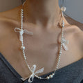 French Lace Bow Faux Pearl Sweater Necklace Elegant Pastoral Collarbone Chain view 4