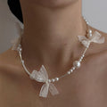 French Lace Bow Faux Pearl Sweater Necklace Elegant Pastoral Collarbone Chain view 2
