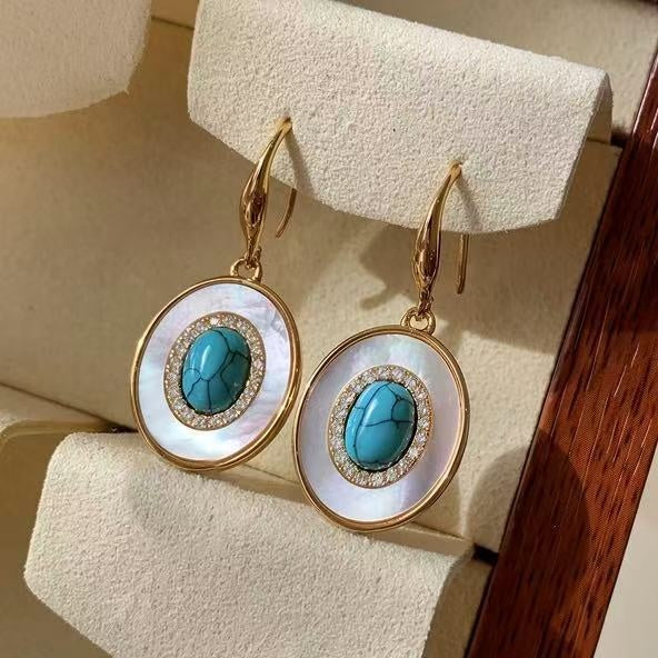 18K Gold Plated Copper Oval Mother Of Pearl Zircon Drop Earrings Vintage Elegant Court Style