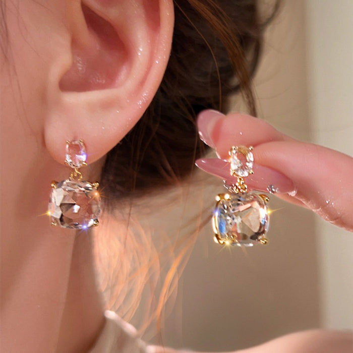 2026 New Transparent Square Crystal Copper Stud Earrings, Geometric Light Luxury OL Style