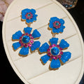 Vintage Enamel Rhinestone Flower Stud Earrings With Copper Alloy And Silver Needle Posts view 2