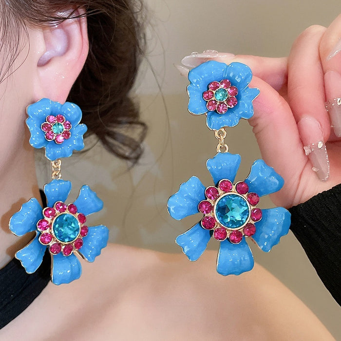 Vintage Enamel Rhinestone Flower Stud Earrings With Copper Alloy And Silver Needle Posts