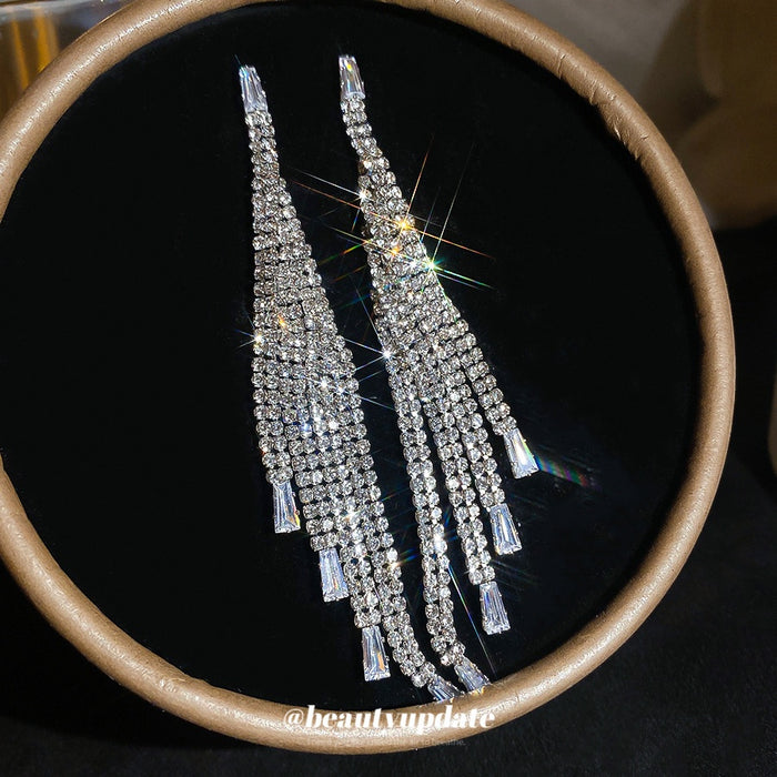 Copper Rhinestone Tassel Drop Earrings With Silver Posts, Geometric Luxury Fashion Style