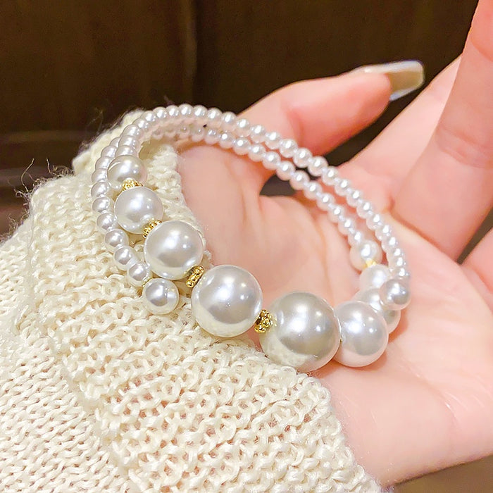 French Vintage Double Layer Open Pearl Bangle For Women Elegant Light Luxury Cuff