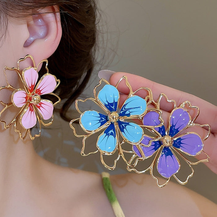 Iron Floral Hollow Stud Earrings With Silver Posts, Enamel Oil Drip Sweet Vacation Style