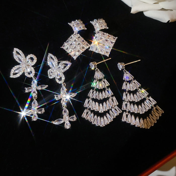 Light Luxury Copper Zircon Diamond Bow Stud Earrings For Evening Banquet Dress