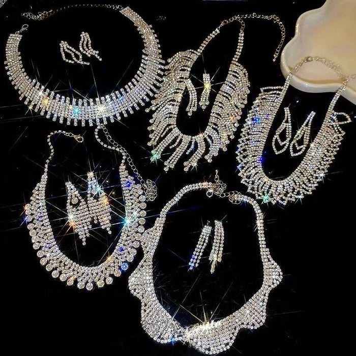 Light Luxury Copper Rhinestone Flower Tassel Stud Earrings Necklace Jewelry Set For Fashion OL