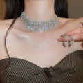Light Luxury Copper Rhinestone Flower Tassel Stud Earrings Necklace Jewelry Set For Fashion OL view 4