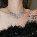 Light Luxury Copper Rhinestone Flower Tassel Stud Earrings Necklace Jewelry Set For Fashion OL view 2