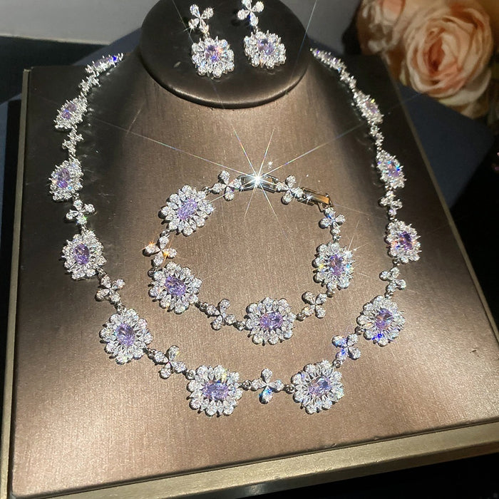 Luxury Court Style Copper Zircon Flower Necklace Bracelet Earrings Jewelry Set For Women