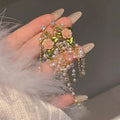 French Vintage Rose Flower Crystal Faux Pearl Silver Needle Stud Earrings Sweet Luxury Style view 4