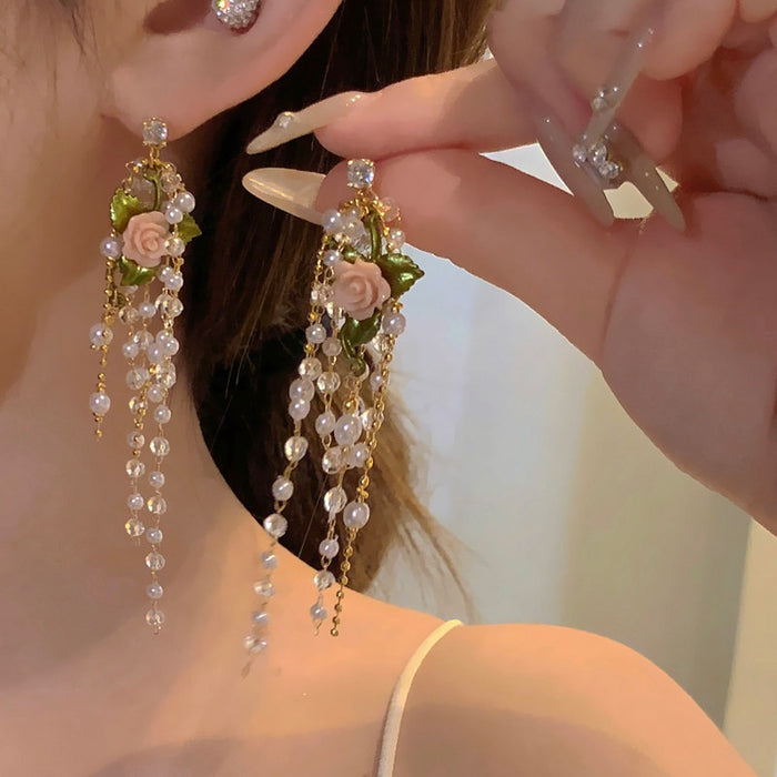 French Vintage Rose Flower Crystal Faux Pearl Silver Needle Stud Earrings Sweet Luxury Style
