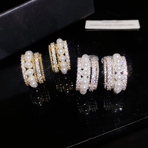 14K Gold Plated Zircon Faux Pearl Round Geometric French Elegant Clip-on Earrings