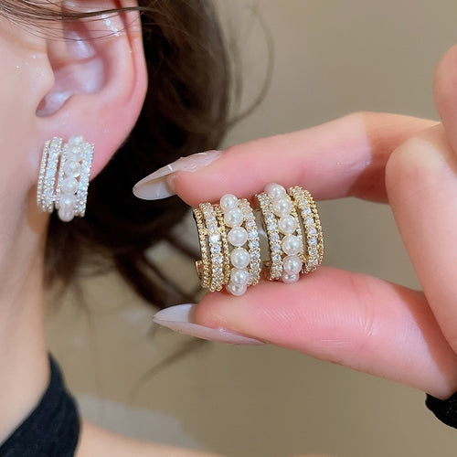 14K Gold Plated Zircon Faux Pearl Round Geometric French Elegant Clip-on Earrings