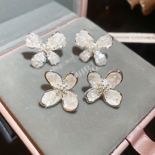Korean Style Faux Pearl Mother Of Pearl Flower Stud Earrings With Silver Posts For Women