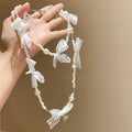 French Lace Bow Faux Pearl Sweater Necklace, Elegant Light Luxury Collarbone Chain view 4