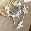 French Lace Bow Faux Pearl Sweater Necklace, Elegant Light Luxury Collarbone Chain view 2
