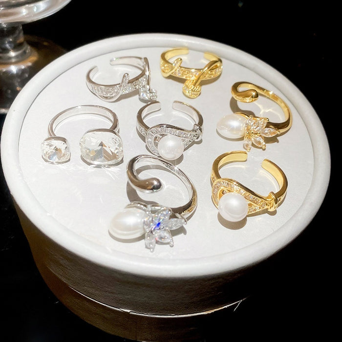 Modern Minimalist Open Ring With Faux Pearl Zircon Round Geometric Fu Design