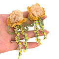 Fabric Flower Tassel Drop Earrings With Silver Pins, Beach Vacation Style Floral Ear Jewelry view 5