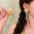Fabric Flower Tassel Drop Earrings With Silver Pins, Beach Vacation Style Floral Ear Jewelry view 4