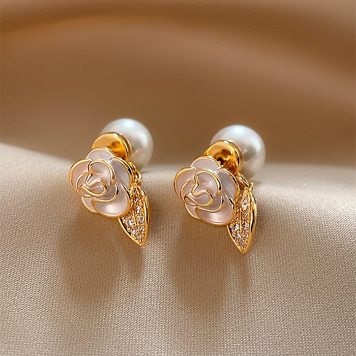 Elegant Alloy Camellia Flower Pearl Zircon Stud Earrings For Women Sweet Style Jewelry